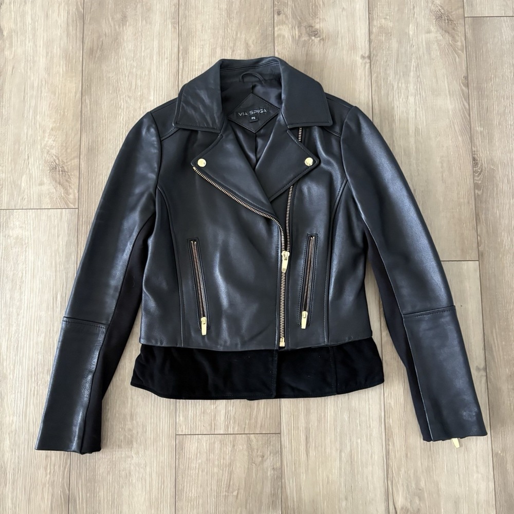 Via Spiga Genuine Lamb Black Leather Moto Jacket Full Zip Size Petite Small Gold